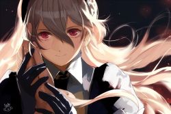 Rule 34 | 1girl, 1other, armor, black gloves, blush, commentary request, corrin (female) (fire emblem), corrin (fire emblem), dark background, facing viewer, fire emblem, fire emblem fates, fire emblem heroes, gloves, hair between eyes, hairband, hand on another&#039;s cheek, hand on another&#039;s face, hand on own cheek, hand on own face, long hair, looking at viewer, mayo (becky2006), nintendo, pov, red eyes, silver hair, smile
