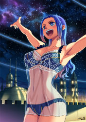 Rule 34 | 1girl, :d, alsea, armpits, arms up, artist name, blue bra, blue eyes, blue hair, blue panties, blush, bra, breasts, cleavage, cowboy shot, large breasts, long hair, looking up, nefertari vivi, night, one piece, open mouth, outdoors, panties, see-through, sideboob, sky, smile, solo, standing, star (sky), starry sky, underwear, underwear only