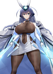 Rule 34 | 1girl, absurdres, anchor ornament, animal ears, arm strap, azur lane, bare shoulders, blue eyes, blue hair, blush, bodystocking, breasts, cowboy shot, elbow gloves, gloves, hair between eyes, highres, irkawaza, jacket, large breasts, long hair, looking at viewer, new jersey (azur lane), pantyhose, rabbit ears, smile, solo, very long hair, white gloves