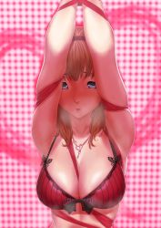 Rule 34 | 1girl, armpits, blue eyes, blush, bra, breasts, brown hair, cleavage, commentary request, gishu, hairband, highres, idolmaster, idolmaster cinderella girls, jewelry, large breasts, looking at viewer, medium hair, necklace, open mouth, restrained, sakuma mayu, solo, underwear