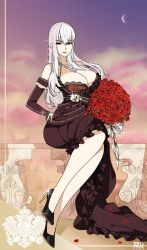 Rule 34 | 1girl, black dress, bouquet, breasts, cleavage, dress, earrings, elbow gloves, flower, gloves, high heels, highres, jewelry, large breasts, lipstick, long hair, makeup, necklace, petals, r3dfive, red eyes, rose, rose petals, selvaria bles, senjou no valkyria (series), silver hair, solo
