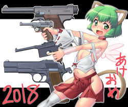 Rule 34 | 1girl, 2018, :d, animal ears, bandaged arm, bandages, bare shoulders, blush, budget sarashi, cat ears, cat tail, choker, detached sleeves, fang, green eyes, green hair, gun, hase yu, hip vent, holding, holding gun, holding weapon, looking at viewer, navel, no panties, nose blush, open mouth, original, outstretched arms, ribbon-trimmed sleeves, ribbon trim, sarashi, short hair, single detached sleeve, smile, solo, strap slip, tail, tareme, thighhighs, translation request, two-tone background, v-shaped eyebrows, weapon, weapon request, white thighhighs