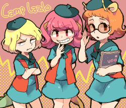 Rule 34 | 3girls, animal ears, antennae, blonde hair, blush, camp lazlo, cartoon network, facing viewer, fang, fang out, glasses, gretchen (camp lazlo), grin, looking at viewer, magazine (object), multiple girls, nina neckerly, orange hair, patsy smiles, pink hair, short sleeves, skirt, smile, uniform, vest