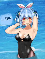 Rule 34 | 1girl, animal ears, armpit crease, arms behind head, arms up, bathing, beach, blue hair, blush, breasts, carrot, carrot hair ornament, eddarxart, english text, food-themed hair ornament, hair ornament, hololive, hololive fantasy, in water, leotard, looking at viewer, medium breasts, multicolored hair, navel, navel piercing, ocean, partially submerged, piercing, playboy bunny, rabbit ears, rabbit girl, rabbit tail, red eyes, solo, stomach, tail, thick eyebrows, two-tone hair, usada pekora, virtual youtuber, water, white hair