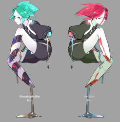Rule 34 | 10s, amputee, androgynous, aqua eyes, aqua hair, black footwear, black shorts, character name, cinnabar (houseki no kuni), collared shirt, crying, crying with eyes open, cuts, dripping, from side, gender request, gloves, grey background, hair between eyes, hatena to kinoko, houseki no kuni, injury, invisible chair, knee up, liquid, looking at another, looking at viewer, necktie, phosphophyllite, red eyes, red hair, shirt, shoes, short hair, short shorts, short sleeves, shorts, sideways glance, simple background, sitting, sparkle, spoilers, streaming tears, symmetrical pose, tears, transparent, uniform, white shirt