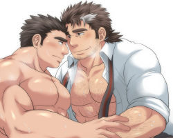 Rule 34 | abs, arm hair, bara, bare pectorals, beard, blush, breath, chest hair, clothed male nude male, collared shirt, commission, couple, eye contact, facial hair, hairy, holding another&#039;s arm, large pectorals, long sideburns, looking at another, male focus, protagonist 3 (housamo), mature male, mononobe kyoma, multicolored hair, muscular, muscular male, necktie, nude, open clothes, open shirt, pectorals, shirt, short hair, sideburns, skeb commission, sleeves rolled up, stomach, streaked hair, stubble, sunfight0201, sweat, thick eyebrows, tokyo houkago summoners, undone necktie, upper body, white background, white hair, yaoi