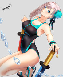Rule 34 | 1girl, aona (anagasaki), asymmetrical hair, black one-piece swimsuit, black wristband, blue eyes, bun cover, competition swimsuit, dual wielding, fate/grand order, fate (series), grey background, hair bun, highleg, highleg swimsuit, highres, holding, kneeling, looking at viewer, miyamoto musashi (fate), miyamoto musashi (fate/grand order), miyamoto musashi (swimsuit berserker) (fate), miyamoto musashi (swimsuit berserker) (first ascension) (fate), one-piece swimsuit, pink hair, sandals, single hair bun, single side bun, single sidelock, solo, swimsuit, toy sword, twitter username, two-tone swimsuit, water