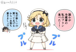 Rule 34 | 2girls, agano (kancolle), black jacket, black neckerchief, blonde hair, blue eyes, blue sailor collar, chibi, commentary request, dress, full body, gloves, goma (yoku yatta hou jane), hat, head only, jacket, janus (kancolle), kantai collection, multiple girls, neckerchief, open mouth, parted bangs, plate, sailor collar, sailor dress, sailor hat, short hair, short sleeves, simple background, solo focus, standing, translation request, twitter username, wavy mouth, white background, white dress, white gloves, white hat