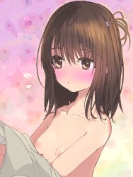 Rule 34 | 1girl, :&lt;, bare shoulders, blush, breasts, brown eyes, brown hair, closed mouth, embarrassed, floral background, looking away, medium hair, miruriyurushi, nipples, one side up, original, unworn shirt, small breasts, solo, sweat, sweaty clothes, undressing, upper body