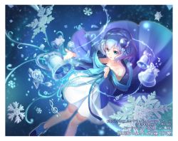 Rule 34 | 10s, 1girl, bare shoulders, bass clef, bell, blue eyes, blue footwear, blue hair, blue theme, copyright name, eighth note, g clef, hair ornament, lostorage wixoss, musical note, official art, ori simo, short hair, skirt, snowflakes, solo, watermark, white skirt, wixoss