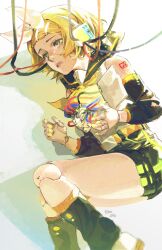 Rule 34 | 1girl, android, arm tattoo, belt, belt buckle, black sailor collar, black shorts, black sleeves, blonde hair, blush, bow, buckle, commentary, crying, crying with eyes open, detached sleeves, doll joints, green eyes, hair bow, hairpin, headphones, headset, heart (organ), highres, joints, kagamine rin, kokoro (vocaloid), leg warmers, lying, mechanical heart, multiple hairpins, neckerchief, on side, parted lips, sailor collar, shirt, shorts, signature, sleeveless, sleeveless shirt, solo, sparkle, tattoo, tears, treble clef, vocaloid, white bow, white footwear, white shirt, yellow nails, yellow neckerchief, yellow trim, zonknuckle