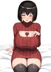 Rule 34 | 1girl, black hair, black thighhighs, blonde hair, blush, breasts, candy, chocolate, chocolate heart, cleavage cutout, clothing cutout, closed eyes, food, heart, highres, large breasts, long sleeves, meme attire, multicolored hair, open-chest sweater, original, red sweater, ribbed sweater, shidaidaka, short hair, sitting, solo, sweater, thighhighs, turtleneck, two-tone hair, valentine
