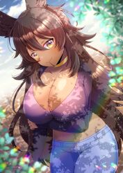 Rule 34 | 1girl, animal ear fluff, animal ears, blue pants, blurry, blurry background, breasts, brown hair, closed mouth, collarbone, commentary request, commission, dark-skinned female, dark skin, depth of field, final fantasy, final fantasy xiv, hair between eyes, kou hiyoyo, large breasts, long hair, looking at viewer, midriff, navel, pants, purple shirt, shirt, skeb commission, smile, solo, very long hair, viera, yellow eyes