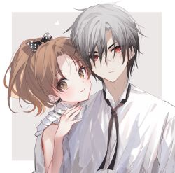 Rule 34 | 1boy, 1girl, bare arms, black bow, black hair, blush, bow, brown eyes, brown hair, closed mouth, collared shirt, dress shirt, earrings, gakuen alice, gradient hair, grey background, grey hair, hair between eyes, hair bow, hand up, high ponytail, hyuuga natsume, jewelry, multicolored hair, ouri (aya pine), parted bangs, polka dot, polka dot bow, ponytail, red eyes, sakura mikan, shirt, sleeveless, sleeveless shirt, smile, thick eyebrows, two-tone background, upper body, white background, white shirt