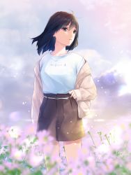Rule 34 | 1girl, beige jacket, black hair, brown eyes, brown skirt, flower, highres, jacket, looking away, looking to the side, medium hair, nayuta69, open clothes, open jacket, original, parted lips, shirt, shirt tucked in, skirt, solo, white shirt