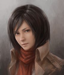 Rule 34 | 1girl, black hair, blue eyes, gradient background, grey background, jacket, jason peng, lips, looking at viewer, mikasa ackerman, nose, parted lips, portrait, realistic, red scarf, revision, scarf, shingeki no kyojin, short hair, solo, upper body