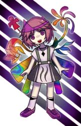 Rule 34 | 1other, androgynous, brown footwear, dress, euthan, highres, len&#039;en, open mouth, other focus, pink eyes, pink hair, rainbow wings, shion (len&#039;en), shoes, short hair, short sleeves, smile, socks, solo, teeth, triangular headpiece, upper teeth only, white dress, white socks, wings