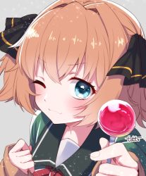 Rule 34 | 1girl, ;3, artist name, black ribbon, blue eyes, blush, brown hair, candy, commentary request, food, green sailor collar, hachijou (kancolle), hair ribbon, highres, holding, holding candy, holding food, holding lollipop, kantai collection, lollipop, long sleeves, looking at viewer, one eye closed, ribbon, sailor collar, school uniform, serafuku, short hair, simple background, smile, solo, totto (naka), upper body
