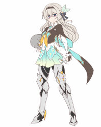 Rule 34 | 1girl, aqua skirt, armor, armored boots, black hairband, black jacket, blue pupils, boots, bow, bridal gauntlets, commentary request, cropped jacket, doll, firefly (honkai: star rail), grey hair, hair between eyes, hair intakes, hairband, highres, holding, holding doll, honkai: star rail, honkai (series), jacket, long hair, long sleeves, looking at viewer, mechanical legs, nabeiro kin, neckerchief, orange neckerchief, ribbon, sam (honkai: star rail), shirt, sidelocks, simple background, single bridal gauntlet, skirt, solo, two-tone eyes, white shirt