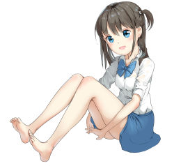 Rule 34 | 1girl, bare legs, barefoot, blue eyes, bow, bowtie, brown hair, commentary, derivative work, feet, highres, original, rabit sugar, shirt, short ponytail, side ponytail, simple background, sitting, skirt, smile, soles, solo, toes, white background