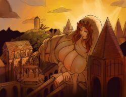 Rule 34 | 1girl, breasts, brown hair, cleavage, closed eyes, covered erect nipples, dark souls (series), dark souls i, dragon, female focus, giant, giantess, highres, huge breasts, knight, lemonfont, medium hair, person between breasts, queen of sunlight gwynevere, skindentation, smile, solo