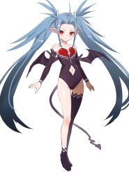 Rule 34 | 1girl, absurdres, ahoge, arm belt, bare shoulders, blue hair, blush, closed mouth, clothing cutout, collarbone, demon girl, demon tail, demon wings, detached sleeves, diamond cutout, gradient hair, hara shoutarou, highres, light blue hair, long hair, looking at viewer, mini wings, multicolored hair, navel, navel cutout, pointy ears, purple tail, purple thighhighs, purple wings, simple background, single thighhigh, slit pupils, smile, solo, spiked hair, summon night, summon night: swordcraft story, tail, thighhighs, very long hair, white background, wings, zipper, zipper pull tab