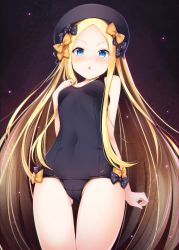 Rule 34 | 1girl, :o, abigail williams (fate), alternate costume, black bow, black hat, blonde hair, blue eyes, bow, breasts, cameltoe, chromatic aberration, covered navel, cowboy shot, fate/grand order, fate (series), hat, highres, long hair, one-piece swimsuit, orange bow, parted bangs, school swimsuit, small breasts, solo, sunsuke, swimsuit