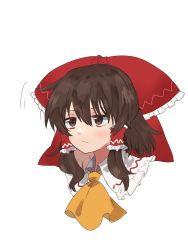 Rule 34 | 1girl, ascot, blush, bow, brown eyes, brown hair, closed mouth, drooping headgear, expressive clothes, eyes visible through hair, frills, hair between eyes, hair ornament, hair tubes, hakurei reimu, highres, looking to the side, red bow, short hair, simple background, solo, touhou, uchisaki himari, upper body, white background, yellow ascot