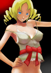 Rule 34 | 1girl, 640mb, atlus, bare shoulders, blonde hair, blue eyes, bottomless, bra, catherine, catherine (game), drill hair, female focus, halterneck, halterneck, hand on own hip, hip focus, long hair, looking at viewer, navel, no pants, red ribbon, ribbon, solo, twin drills, twintails, underwear, white bra