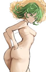 Rule 34 | 1girl, ass, breasts, female focus, green eyes, green hair, hat, highres, matching hair/eyes, nipples, nude, rakeemspoon, short hair, simple background, small breasts, solo, tagme, tatsumaki, white background