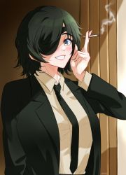 Rule 34 | 1girl, absurdres, black hair, black jacket, black necktie, blush, breasts, chainsaw man, cigarette, collared shirt, eyepatch, formal, green eyes, highres, himeno (chainsaw man), holding, holding cigarette, jacket, large breasts, looking at viewer, meisaki, necktie, shadow, shirt, short hair, smile, smoke, solo, suit, white shirt