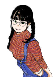 Rule 34 | 1girl, animification, black hair, blue overalls, braid, breasts, glasses, green eyes, grey panties, highres, long hair, looking at viewer, medium breasts, orange shirt, overalls, panties, real life, sakamoto giulietta, shinonome umi, shirt, simple background, smile, solo, striped clothes, striped shirt, twin braids, underwear, white background