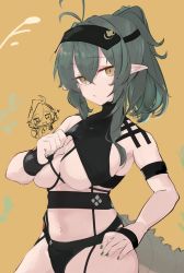Rule 34 | 2girls, antenna hair, arknights, arm strap, asususususu, bikini, black bikini, black hairband, breasts, cowboy shot, crocodilian tail, gavial (arknights), green hair, green nails, hairband, hand on own hip, heart, highres, large breasts, looking at viewer, multiple girls, nail polish, navel, official alternate costume, pointy ears, ponytail, simple background, solo focus, swimsuit, tail, tomimi (arknights), underboob, yellow background, yellow eyes