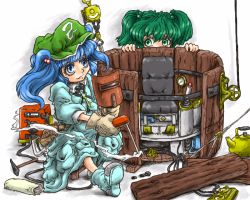 Rule 34 | 2girls, blowtorch, bolt (hardware), bucket, female focus, generator, hair bobbles, hair ornament, kawashiro nitori, kettle, kisume, multiple girls, pulley, tools, touhou, two side up, welding mask, wrench