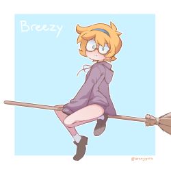 Rule 34 | 1girl, arm support, blonde hair, blue background, blue eyes, blue hairband, border, bottomless, broom, broom riding, brown footwear, closed mouth, english text, freckles, full body, glasses, grey hoodie, hairband, highres, hood, hood down, hoodie, little witch academia, loafers, looking at viewer, lotte jansson, orenji (orenjipiiru), outline, outside border, round eyewear, semi-rimless eyewear, shoes, short hair, sidelocks, simple background, sleeves past fingers, sleeves past wrists, smile, socks, solo, twitter username, white border, white outline, white socks