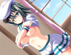 Rule 34 | 10s, 1girl, blue sky, blush, breasts, clothes lift, day, dutch angle, female focus, green eyes, green hair, hat, heterochromia, highres, indoors, kantai collection, karin (rei862), kiso (kancolle), large breasts, looking at viewer, matching hair/eyes, midori rin, miniskirt, navel, no eyepatch, pleated skirt, scar, school uniform, serafuku, shirt lift, short hair, short sleeves, skirt, sky, smile, solo, underboob, undressing, upper body, window, yellow eyes