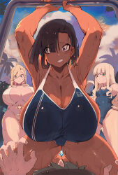 Rule 34 | 1boy, 3girls, armpits, arms up, bare shoulders, blonde hair, blue eyes, blue one-piece swimsuit, blush, breasts, brown hair, cleavage, collarbone, dark-skinned female, dark skin, earrings, girl on top, gluteal fold, green eyes, grin, hair over one eye, highleg, highleg swimsuit, highres, hoop earrings, jewelry, kneeling, large breasts, long hair, magister, minami aoba, mole, mole under eye, multiple girls, navel, o-ring, one-piece swimsuit, original, pandora smith (magister), purple eyes, shiratama liliana (magister), short hair, sideboob, sidelocks, slingshot swimsuit, smile, swept bangs, swimsuit, thighs, wet, white one-piece swimsuit