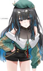 Rule 34 | 1girl, bare shoulders, beret, black hair, black shorts, blue hair, bracelet, breasts, buttons, colored inner hair, double-breasted, eyeliner, fate/grand order, fate (series), green hat, green jacket, grey eyes, hat, highres, horn/wood, jacket, jewelry, leaning forward, long hair, long sleeves, looking at viewer, makeup, medium breasts, multicolored hair, o-ring, off shoulder, round eyewear, shorts, sidelocks, solo, sunglasses, tenochtitlan (fate), tenochtitlan (second ascension) (fate), textless version, wavy hair