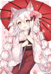 Rule 34 | 1girl, alternate costume, bow, braid, brown ribbon, eyelashes, fang, floral print, flower, hair between eyes, hair bow, hair flower, hair ornament, hair ribbon, hakama, hakama skirt, hands up, holding, holding umbrella, japanese clothes, kimono, long hair, looking at viewer, obi, oil-paper umbrella, open mouth, petals, pink bow, pink flower, pink hair, pink kimono, red hakama, red umbrella, ribbon, sash, shimakaze (warship girls r), simple background, skirt, smile, solo, tengxiang lingnai, twin braids, two-handed, umbrella, very long hair, warship girls r, wide sleeves, yellow eyes