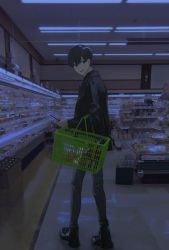 Rule 34 | :d, ankle boots, bad id, bad tumblr id, basket, black eyes, black footwear, black hair, boots, cellphone, convenience store, from behind, full body, grey pants, groceries, highres, hirota tsuu, holding, holding phone, indoors, long sleeves, looking at viewer, open mouth, original, pants, phone, shop, smartphone, smile, standing