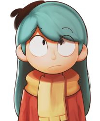 Rule 34 | 1girl, beret, black eyes, blue hair, child, eyes visible through hair, female focus, han l21, hat, highres, hilda, hilda (hilda), long hair, looking at viewer, scarf, simple background, solo, sweater, upper body, white background