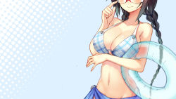 Rule 34 | 1girl, adjusting eyewear, bikini, black hair, blue eyes, braid, breasts, chinese text, dated, glasses, head out of frame, highres, innertube, large breasts, long hair, ocean, original, sarong, signature, solo, swim ring, swimsuit, translation request, twin braids, twintails, water, wavy mouth, x-boy