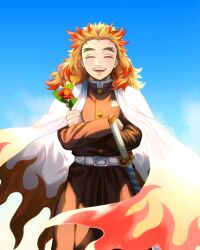 Rule 34 | 1boy, :d, ^ ^, black pants, blonde hair, blue sky, cape, closed eyes, closed mouth, colored tips, commentary, cowboy shot, crossed arms, dated commentary, demon slayer uniform, facing viewer, flame print, flower, flower request, forked eyebrows, happy, haruki sugiura, highres, holding, holding flower, katana, kimetsu no yaiba, long sleeves, male focus, medium hair, multicolored hair, open mouth, pants, red flower, red hair, rengoku kyoujurou, sky, smile, solo, standing, streaked hair, sword, weapon, white cape, wind