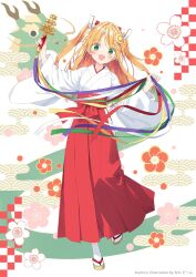 Rule 34 | 1girl, :d, amiami (company), amico, bell, blonde hair, blush, brown footwear, checkered background, chinese zodiac, commentary request, egasumi, full body, green eyes, hair ornament, hakama, hakama skirt, highres, holding, japanese clothes, jingle bell, kagura suzu, kani biimu, kimono, long hair, long sleeves, looking at viewer, open clothes, open mouth, red hakama, sandals, skirt, smile, socks, solo, standing, standing on one leg, tabi, two side up, very long hair, white background, white kimono, white socks, wide sleeves, year of the dragon, zouri