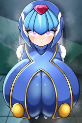 Rule 34 | 1girl, @ @, blue eyes, blue hair, blurry, blurry background, blush, breasts, chestnut mouth, detritus, dot nose, eyelashes, female focus, floor, from above, gigantic breasts, headgear, helmet, hypnosis, impossible clothes, fairy leviathan (mega man), looking at viewer, mega man (series), mega man zero (series), mind control, pink eyes, shiny clothes, shiny skin, short hair, skin tight, solo, steam, steaming body, upper body