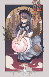 Rule 34 | 1girl, absurdres, animal ears, apron, black-framed eyewear, black choker, blue dress, blue footwear, blush, building, buttons, cat ears, choker, closed mouth, cloud, collarbone, commentary request, dress, frilled dress, frills, full body, glasses, grey hair, hair ribbon, headdress, high heels, highres, holding, lace trim, leg up, long hair, looking at viewer, luminous, maid, maid apron, original, red eyes, red ribbon, ribbon, round eyewear, shoes, short sleeves, solo, tree, white apron