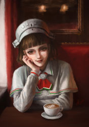 Rule 34 | 1girl, absurdres, arise (allicenogalca), blunt bangs, breasts, brown eyes, brown hair, capelet, chair, coffee, cup, elbow gloves, eyelashes, eyewear strap, glasses, gloves, head rest, headdress, highres, indoors, kantai collection, latte art, lips, long sleeves, looking at viewer, pince-nez, realistic, red background, roma (kancolle), short hair, signature, simple background, sitting, smile, solo, table, upper body, window