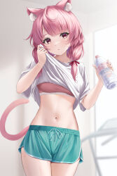 Rule 34 | 1girl, :o, absurdres, animal ear fluff, animal ears, blurry, blurry background, bottle, bra, breasts, cat ears, cat girl, cat tail, clothes lift, commentary request, commission, cowboy shot, dolphin shorts, drawstring, green shorts, hair over shoulder, hair ribbon, hands up, highres, holding, holding bottle, indie virtual youtuber, izumiya konomi, lifted by self, looking at viewer, loose clothes, loose shirt, medium breasts, medium hair, navel, parted lips, pink bra, pink eyes, pink hair, pink tail, plastic bottle, rama (yu-light8), red ribbon, ribbon, shirt, shirt lift, short sleeves, short twintails, shorts, sidelocks, skeb commission, solo, standing, stomach, sweat, swept bangs, tail, thighs, twintails, underwear, virtual youtuber, water bottle, wet, white shirt, wiping sweat
