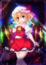 Rule 34 | 1girl, aosuke (ayakawa akito), ascot, blonde hair, blood, blood on face, bow, character name, flandre scarlet, hat, hat bow, highres, laevatein, mob cap, red eyes, skull, solo, touhou