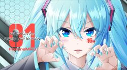 Rule 34 | 1girl, absurdres, aqua eyes, aqua hair, aqua nails, aqua necktie, artist name, black sleeves, character name, english text, from side, hair between eyes, happy birthday, hatsune miku, highres, kyon-u, looking at viewer, necktie, open mouth, shirt, solo, symbol-shaped pupils, teeth, twintails, upper teeth only, vocaloid